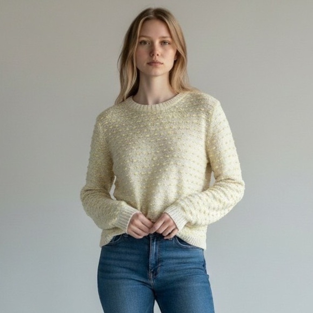 Popcorn Knit‎ Sweater Womens Small Cream Yellow Back Zip High Low Pullover